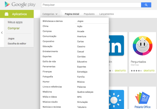Navegue através das categorias de aplicativos de revistas digitais no Google Play